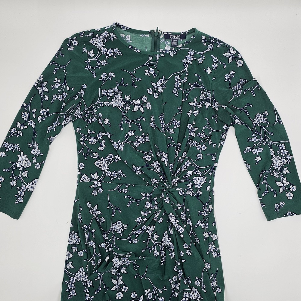 Chaps Women's‎ Green Floral Print Dress Size S 3/4 Sleeve Knot Front